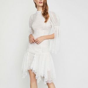 BCBG Max Azria Asymmetrical Lace Slit-Sleeve Sheath Dress Off White